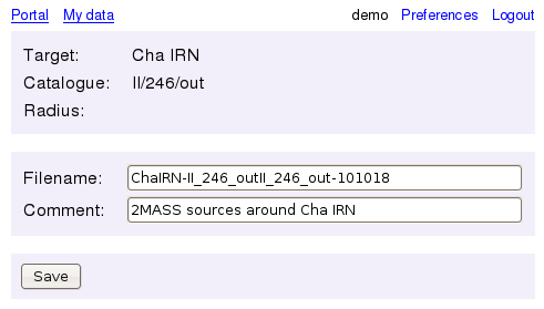 Store VizieR result page
